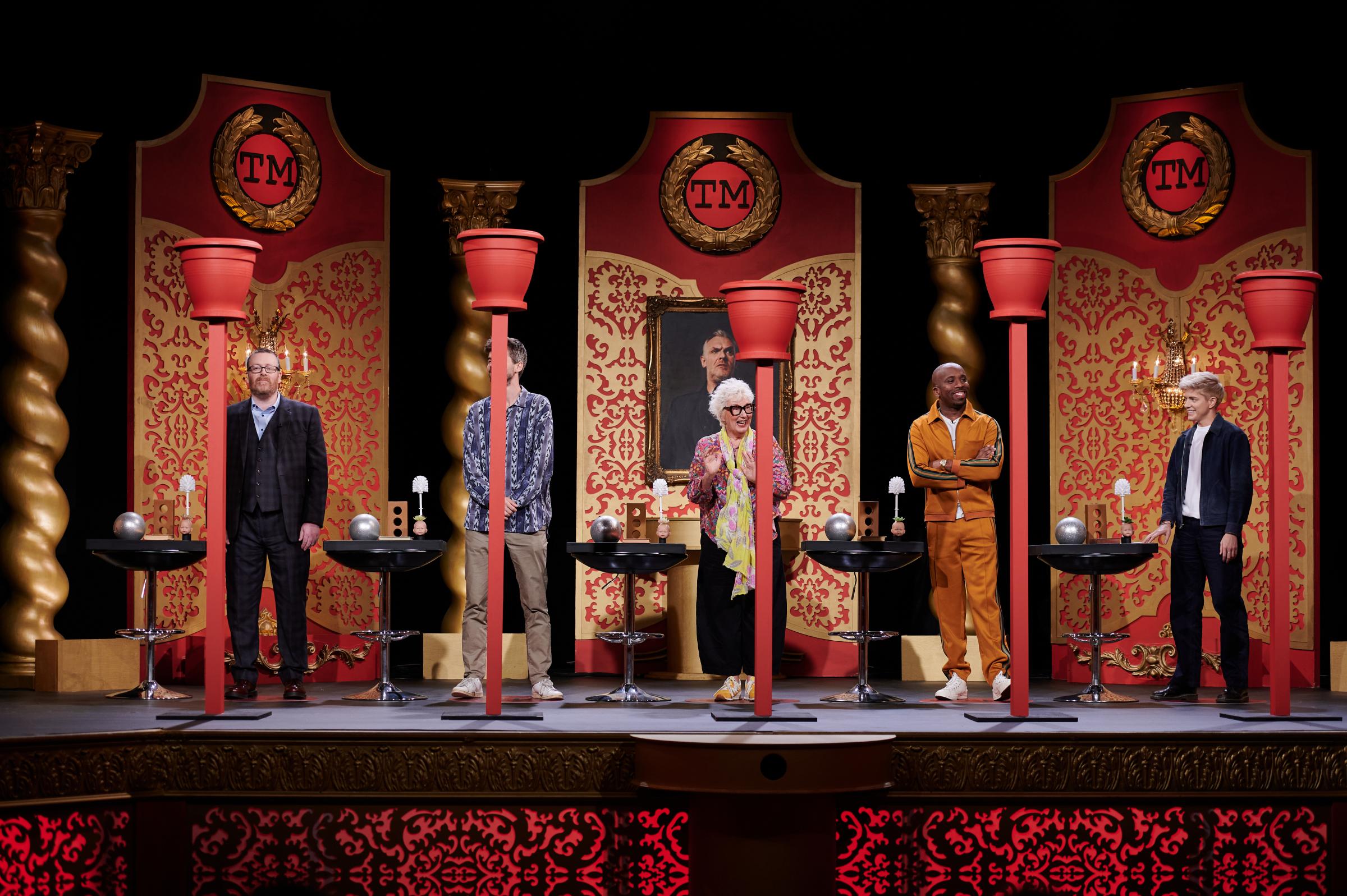 Undated Handout Photo from Taskmaster. Pictured: (L-R) Frankie Boyle, Ivo Graham, Jenny Éclair, Kiell Smith-Bynoe and Mae Martin. See PA Feature SHOWBIZ TV Quickfire Davies Horne. Picture credit should read: PA Photo/©Channel 4. 