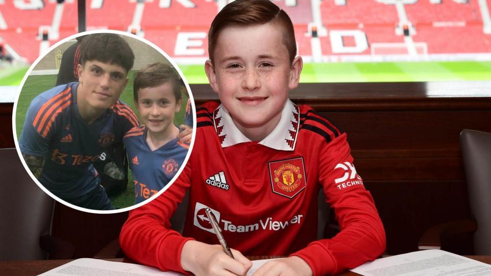 Cian McCormick signing terms with Manchester United. Inset: Cian meeting Alejandro Garnacho (Image: Jamie McCormick)