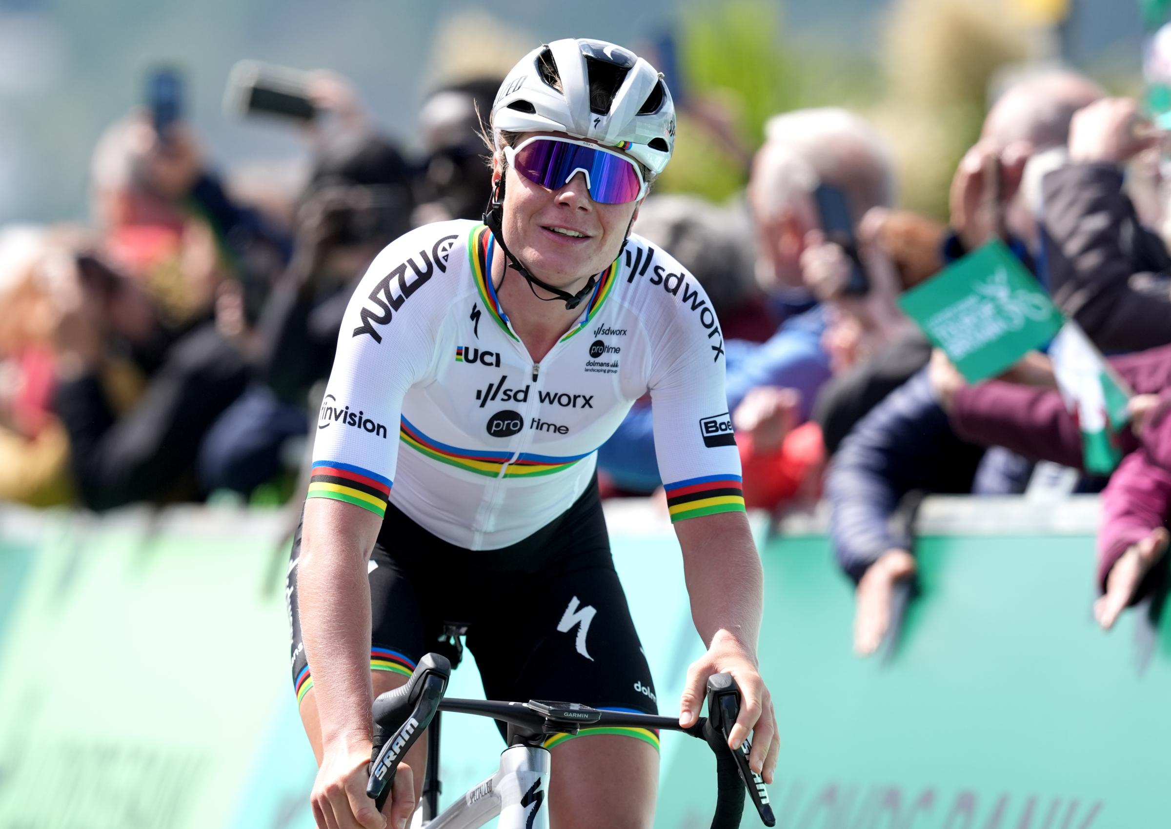 Lotte Kopecky of team SD-Worx - Protim wins stage one of the Lloyds Bank Women Tour of Britain 2024 from Welshpool to Llandudno. Picture date: Thursday June 6, 2024. PA Photo. See PA story CYCLING Womens Tour. Photo credit should read: Martin Rickett/PA